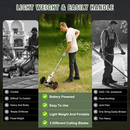 Electric Weed Eaters String Trimmer,21V Weed Trimmer Edger with 500W Powerful motor,Low Noise Weed Wackers & Lawn Edger,Wheels and 3 Types Blades Grass Trimmer for Lawn Garden Pruning Trimming