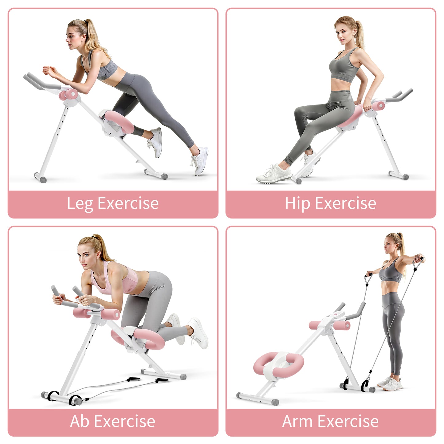 Rican Ab Machine, Foldable Abdominal Exercise Machine, Ab Workout Equipment with LCD Monitor, Abdominal Exercise Workout with Resistance Bands, Pink