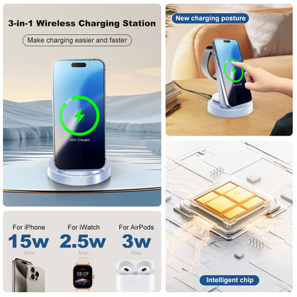 Wireless Charger, 3 in 1 Charging Station for iPhone 17 16 15 14 13 12 11 8 , 18W Charger Stand for Airpods 4 3 2 Pro, for Apple Watch 11 10 9 8 7 6 5 4 3 2 SE Ultra Series, Blue