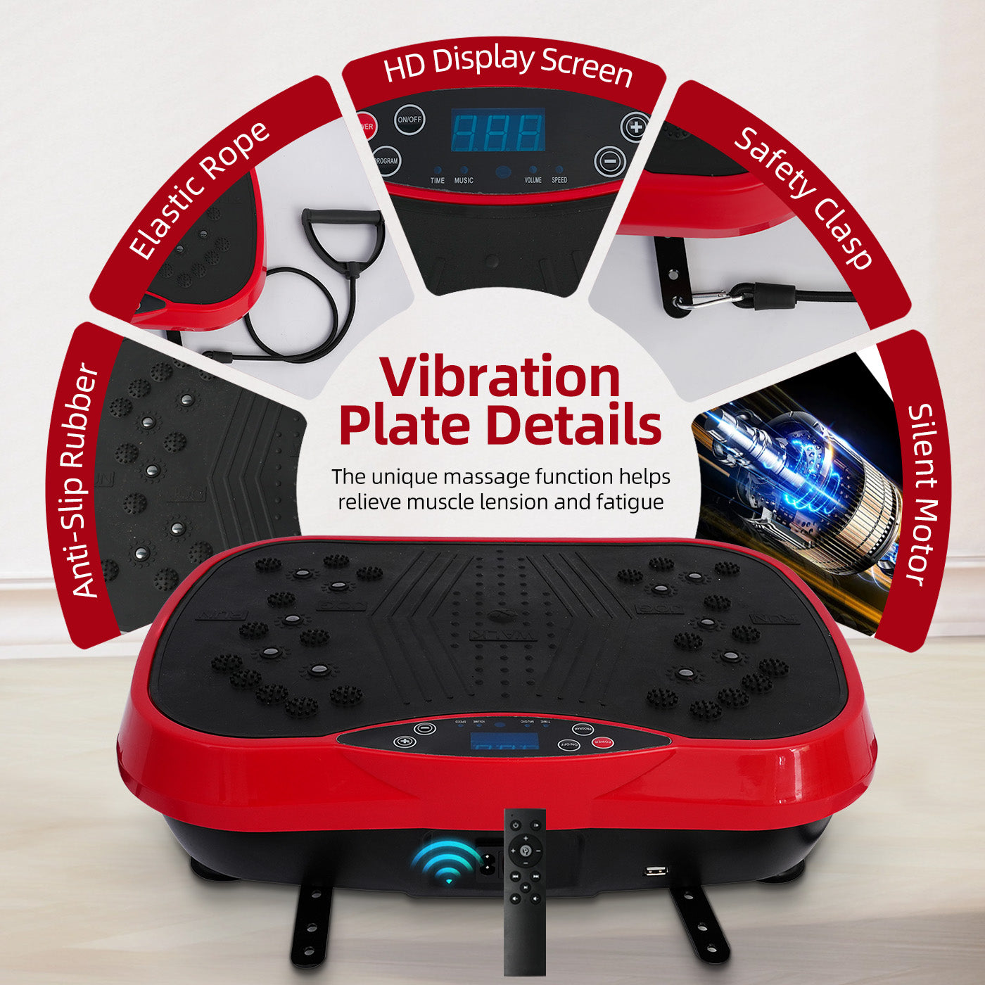 RICAN Vibration Plate Exercise Machine, Vibrating Lymphatic Drainage Shaking Board, Full Body Workout Platform with Loop Bands & Remote Control for Weight Loss Fat Burner, Red
