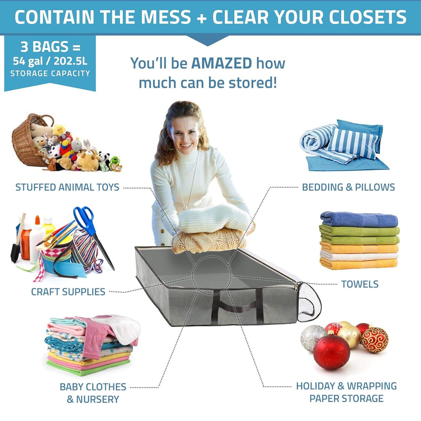 BAOKALER Underbed Storage Bag Adult Reinforced with Dual Handles, Gray, 3 Count, 3 Pack