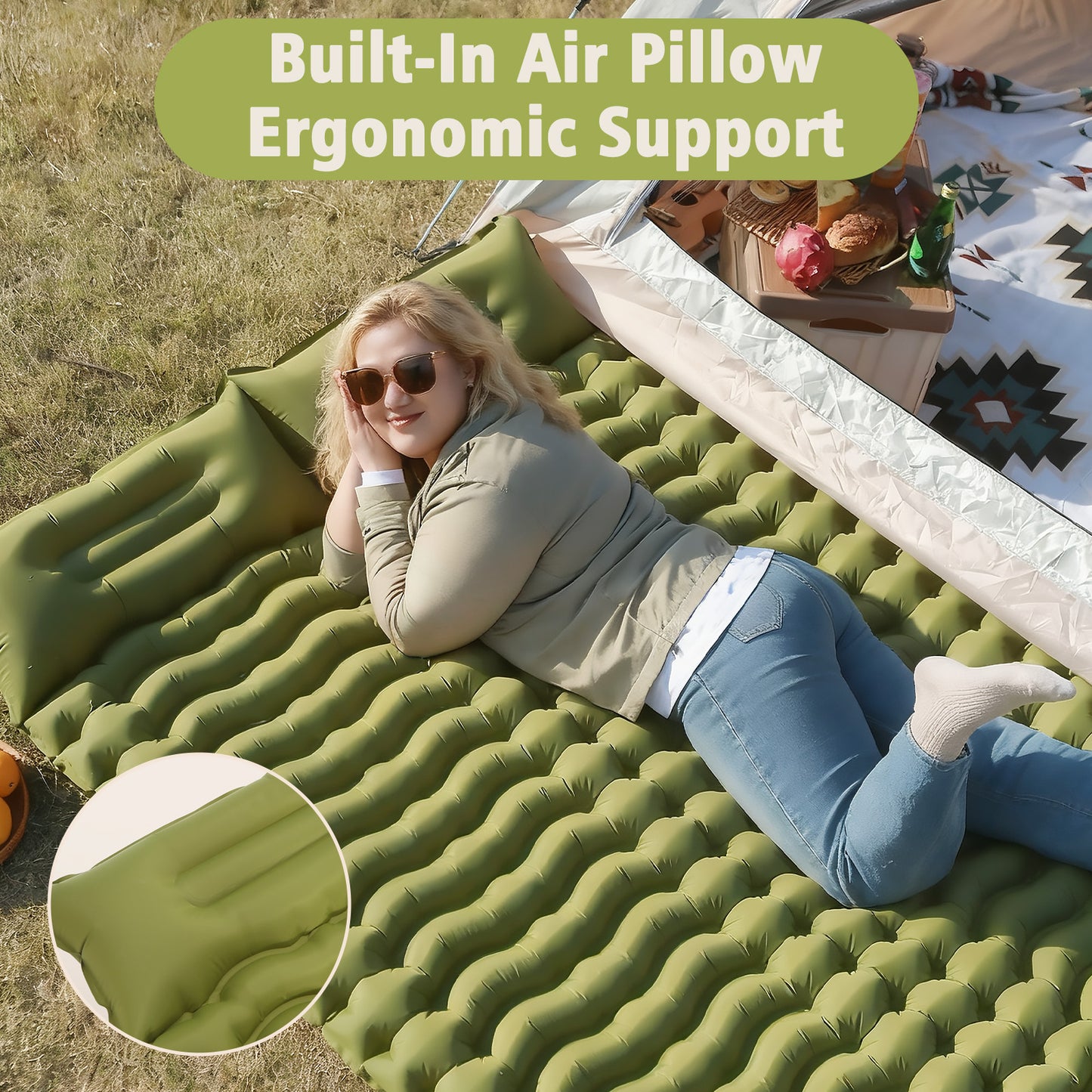 Rican Double Camping Sleeping Pad, Inflatable Double Sleeping Pad, Self Inflating 4" Sleeping Mat with Pillow Built-in Foot Pump, Portable Camping Mat for Backpacking, Hiking, Traveling, Tent