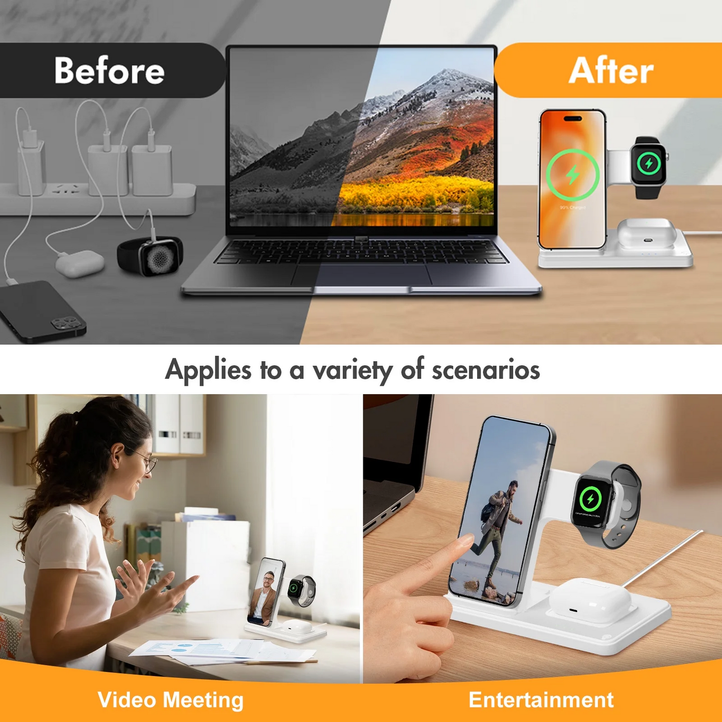 3 in 1 Wireless Charger for iPhone 16 15 14 13 12 11 8 Pro Max X XR XS,,Magnetic Charging Station for Samsung Galaxy for AirPods 3 2 Pro Apple Watch Fast Charger (White)