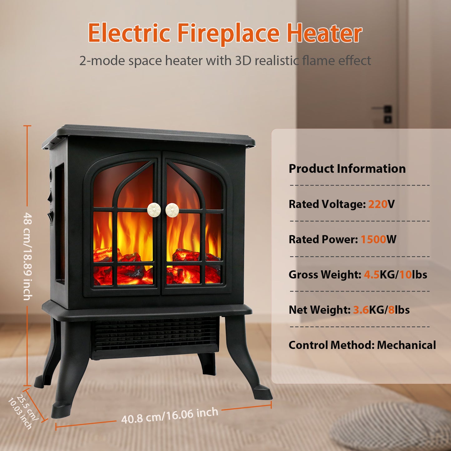 1,000 sq ft Infrared Quartz Electric Fireplace, 1500W Electric Fireplace Heater with Realistic 3D Flame Effect, Electric Heater with Overheat Protection for Home Bedroom Office