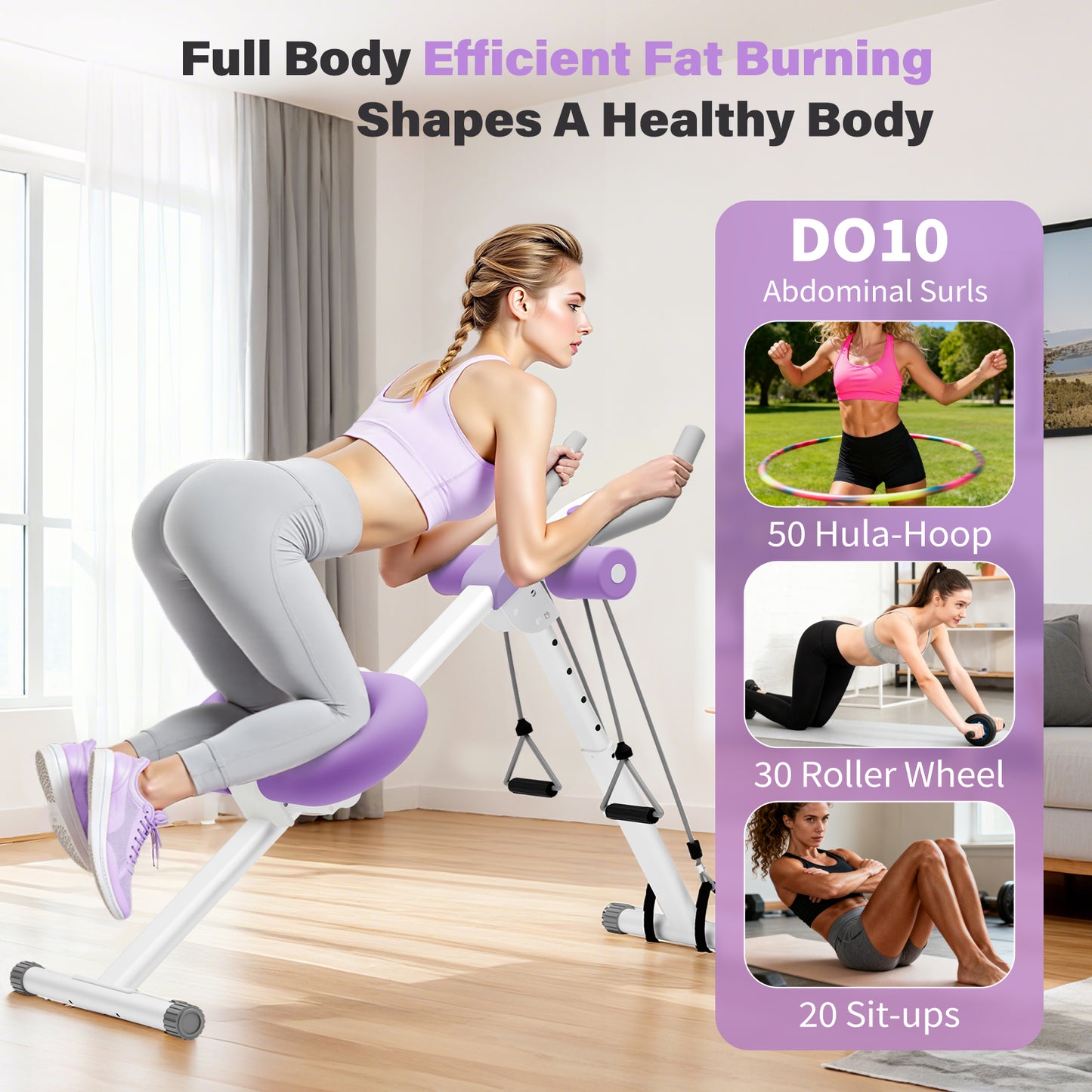 ALSO GO Ab Machine, Adjustable Ab Trainer Machine, Abdominal Workout Equipment with LED Display, 300 lb Foldable Abdominal Core Equipment with Resistance Bands, Purple