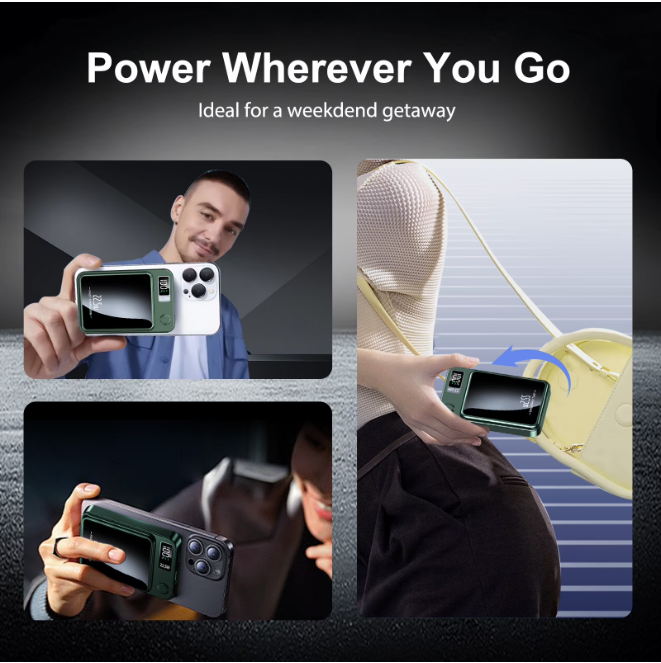 Wireless Power Bank, 5000mAh 22.5W Portable Charger with LED Power Display, 2 in 1 Magnetic Portable Power Bank Fast Charging, Suitable for Outdoor Travel Backup Small Phone Charger, Green