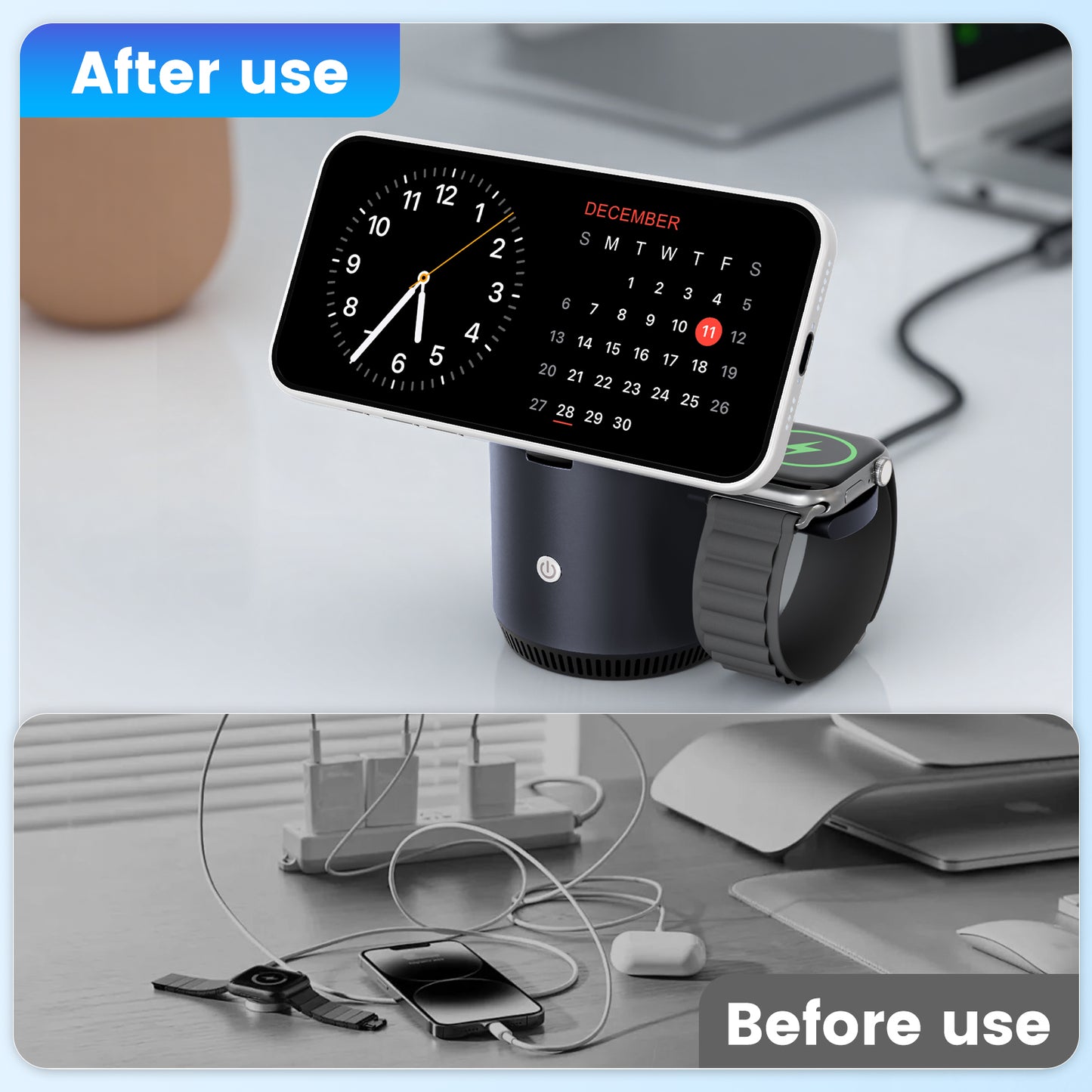 Wireless Charger for iPhone, Charging Station for iPhone 17 16 15 14 13 12, for AirPods 4 3 2, for iWatch Series, with Adjustable Night Light, Black