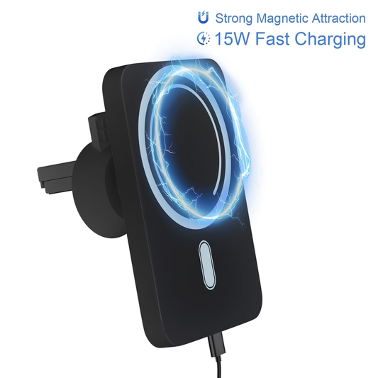 Super Strong Magnetic Car Mount with 15W Fast Wireless Charging, easy to install, durable and study, Black