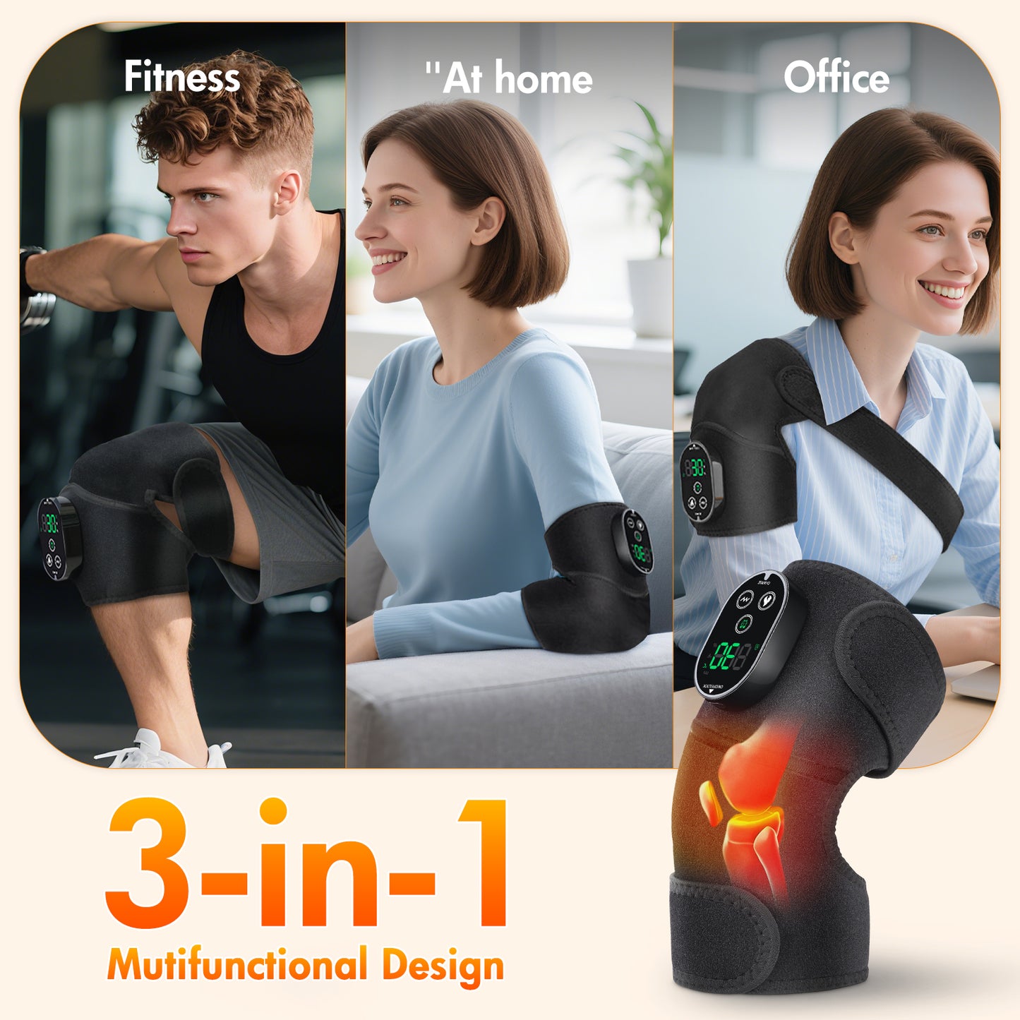 Baokaler Heated Knee Massager, Vibration Knee Heating Pad, 3 in 1 Cordless Shoulder & Elbow Brace with 6 Heat Level 3 Vibration for Joint Stress, Perfect Gifts for Family Friends