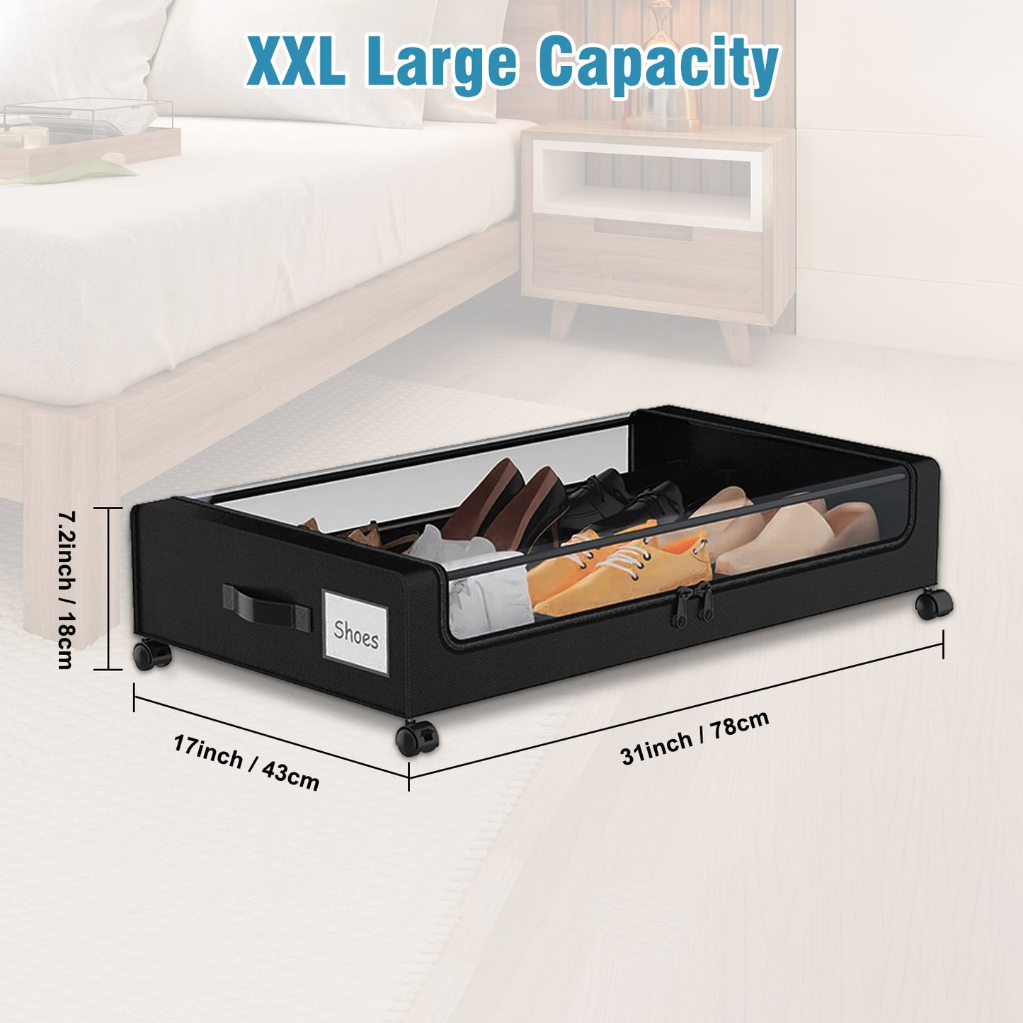 Under Bed Storage with Wheels, Under Bed Storage Containers, Under the Bed Storage Organizer with Clear Lids - Rolling Drawers & Bins for Clothes,Shoes,Toys, 2-Pack (Black)