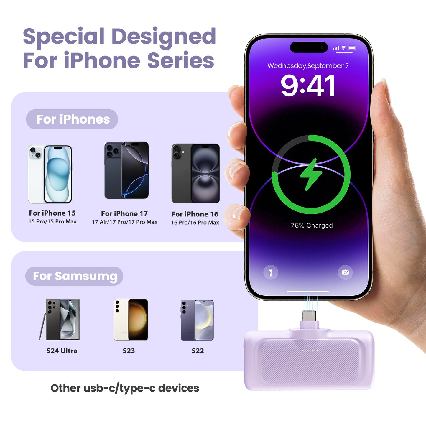 Portable Charger, 5000mAh Power Bank with Foldable USB-C Plug, 22.5W Mini Charger Battery Pack Compatible with iPhone 15 to 17,Purple