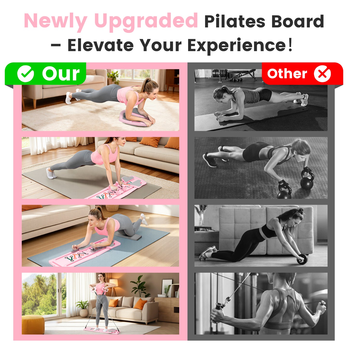 RICAN 7 in 1 Foldable Pilates board, Pilates Reformer Set with 330LBS, Portable Home Pilates for Women Workout, Fitness, Exercise, Abs, Pink