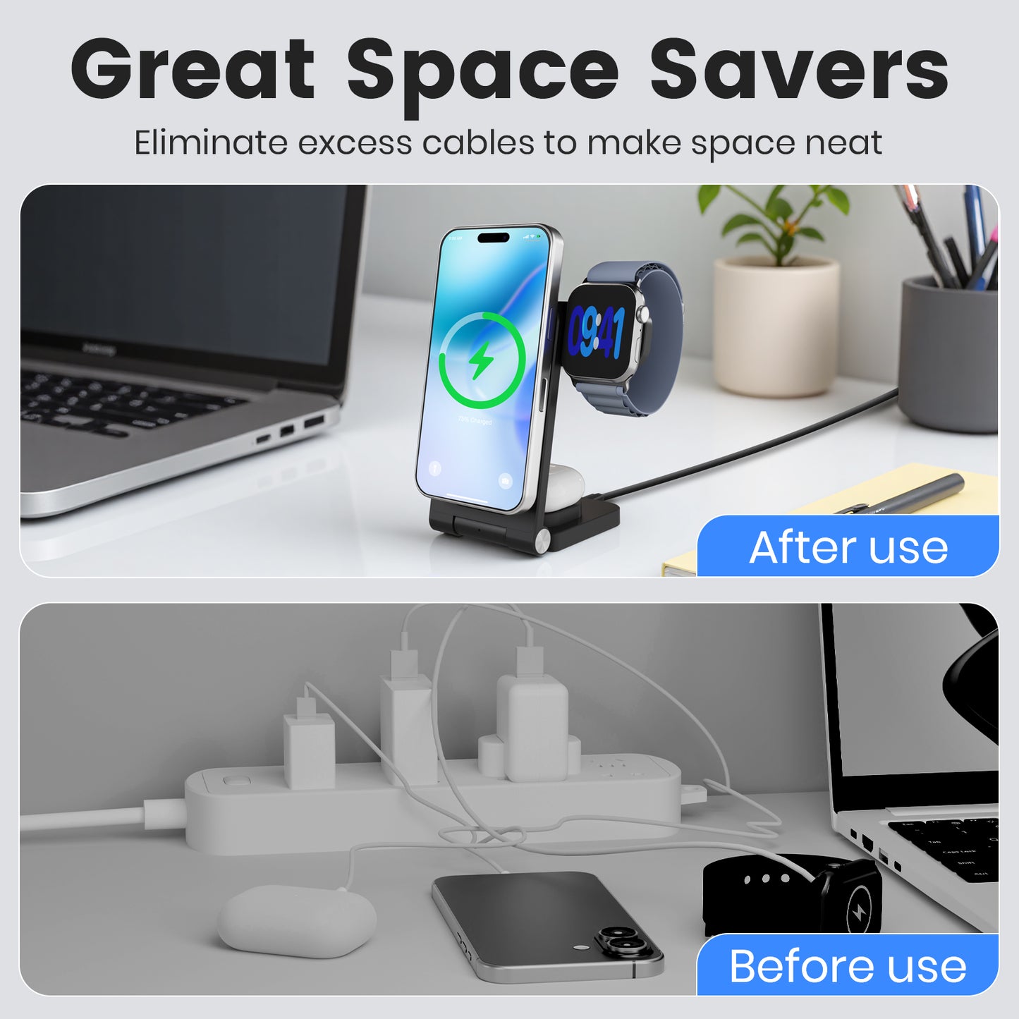 Charging Station, Magnetic Wireless Charger for iPhone 17 16 15 14 13 12, for iWatch, for AirPods 4 3 2, 3 in 1 Charging Pad with Foldable Design, Black