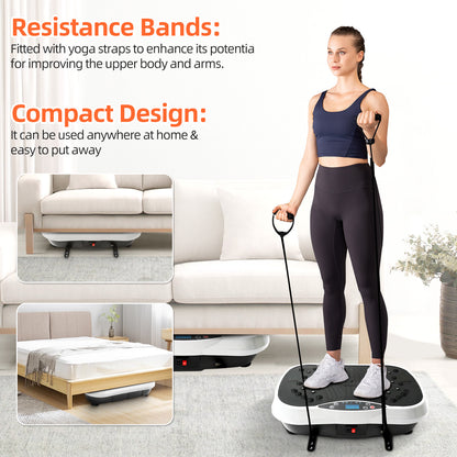 Vibration Plate Exercise Machine, Full Body Workout Power Platform with Loop Bands & Remote Control for Fat Burning and Slimming and Weight Loss, Vibrating Stand Shake Board, White