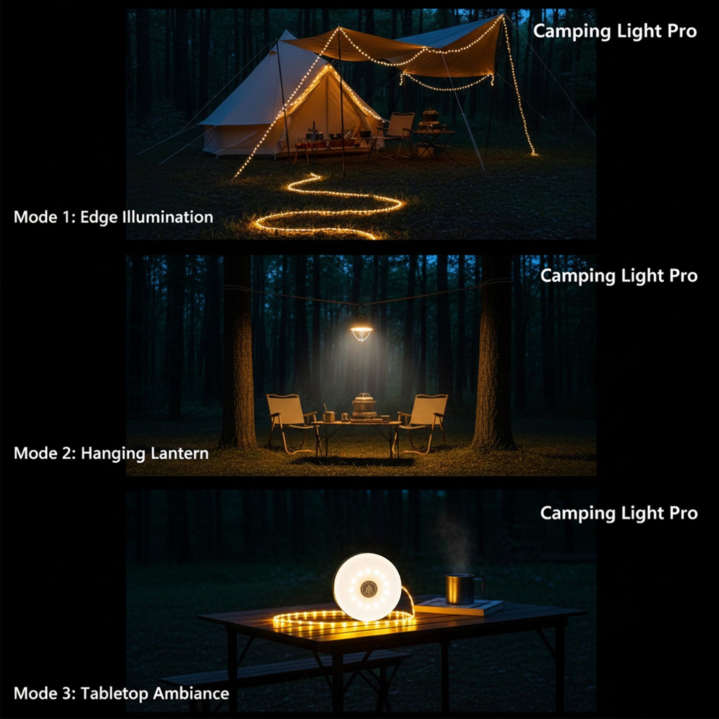 BAOKALER 2 Pack Camping String Lights Retractable, 32.8ft Outdoor Camping Lanterns with 5 Lighting Modes, 2000MAH Camping Lights Rechargeable, USB, Waterproof