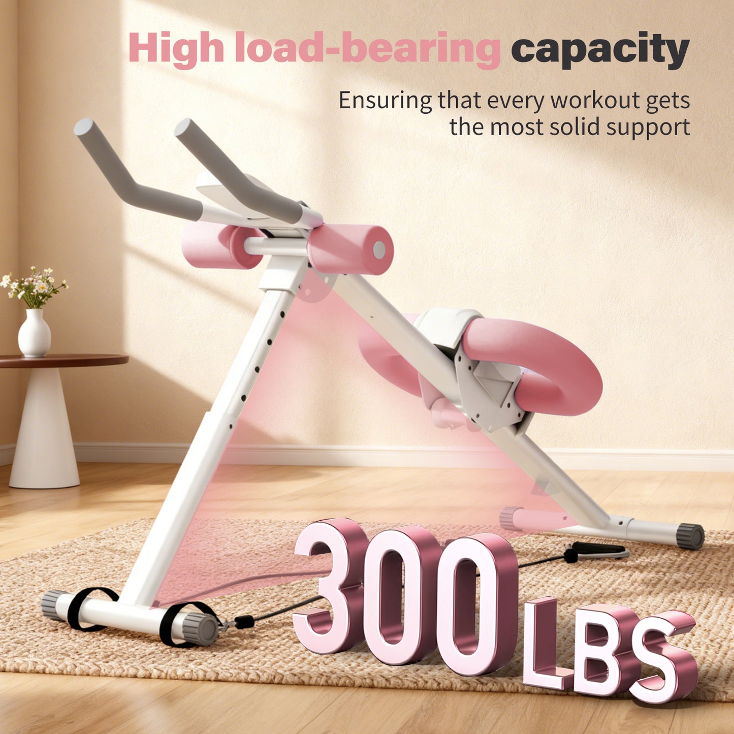 Rican Ab Machine, Foldable Abdominal Exercise Machine, Ab Workout Equipment with LCD Monitor, Abdominal Exercise Workout with Resistance Bands, Pink