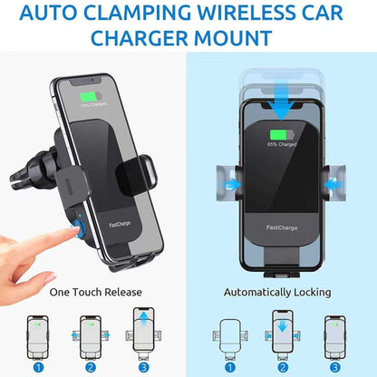 Wireless Car Charger,15W Fast Charging Auto Clamping Car Phone Holder Charger,Phone Holders for Car Mount Compatible for iPhone 17 16 15 14 13 12 11 Mini Pro Max XR,Samsung Galaxy,Black