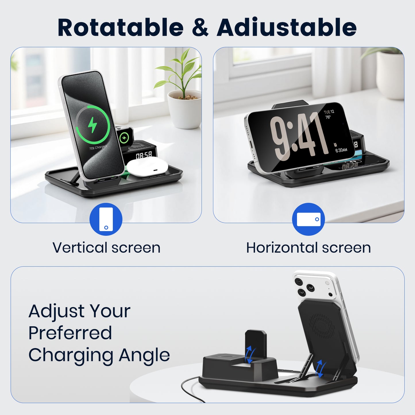 Wireless Charger for iPhone 17 16 15 14 13 12, 6 in 1 Charging Station for iWatch Series£¬for AirPods 4 3 2, with Clock, Bluetooth, Ambient Light