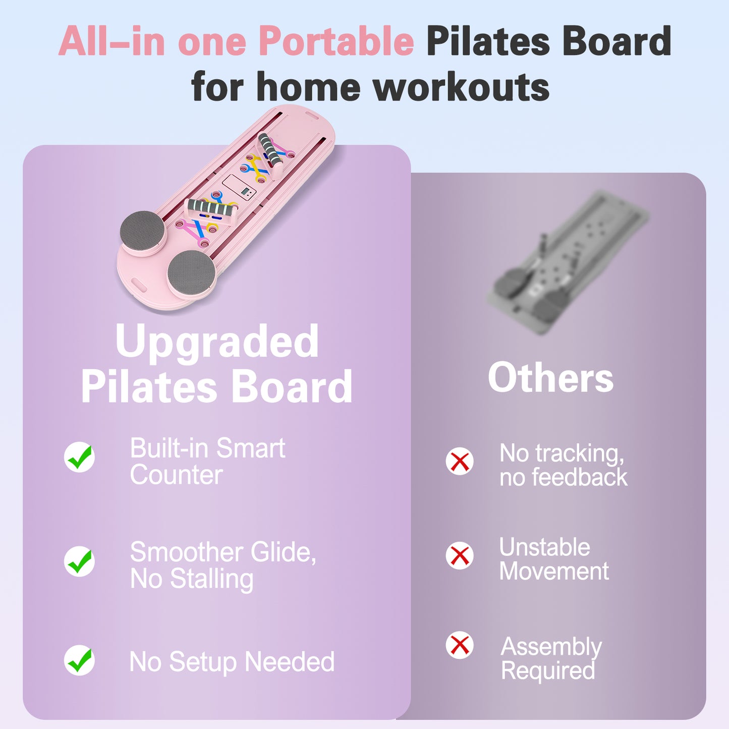 RICAN Foldable Pilates Board, Pilates Reformer Set, 15-in-1 Multifunctional Abdominal Board, Adjustable Push-Up Handles, Full Body Workout Equipment for Home, Pink