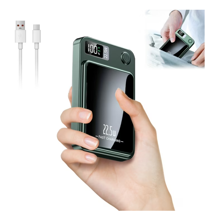 Wireless Power Bank, 5000mAh 22.5W Portable Charger with LED Power Display, 2 in 1 Magnetic Portable Power Bank Fast Charging, Suitable for Outdoor Travel Backup Small Phone Charger, Green