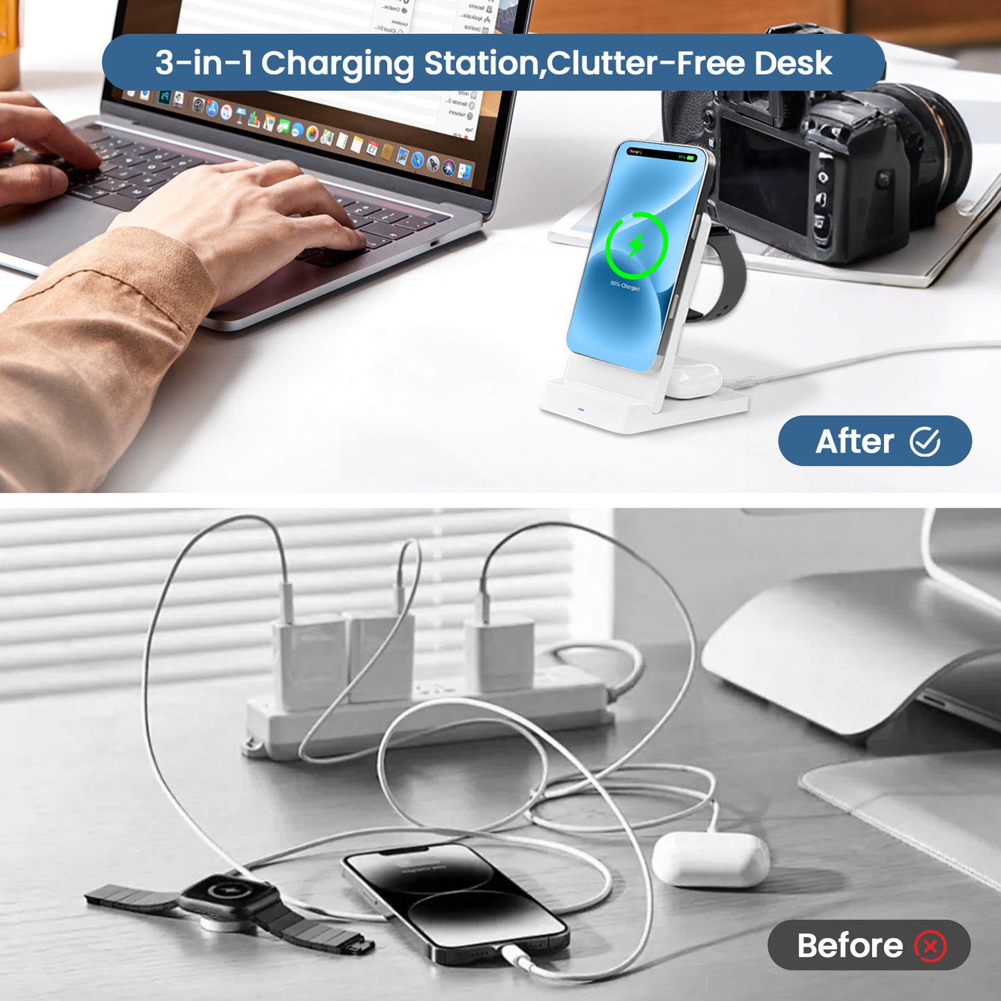 Wireless Charger, 3 in 1 Charging Station for iPhone 17 16 15 14 13 12, for iWatch, for AirPods 4 3 2, 15W Magnetic Charging Pad with Foldable Design, White