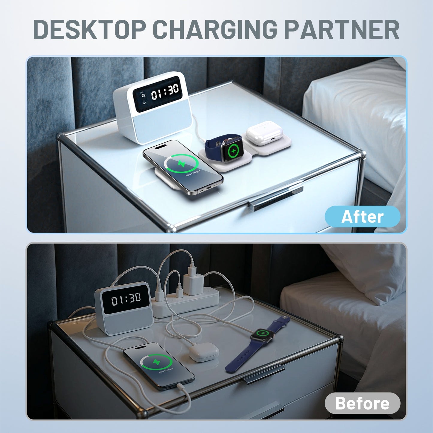 Wireless Charger, Charging Station for iphone 16 15 14 13 12 11, 15W Fodable Charging Pad for iWatch 10 9 8 7 6 5 4 3, 3 in 1 Magnetic Charger for AirPods 4 3 2, White