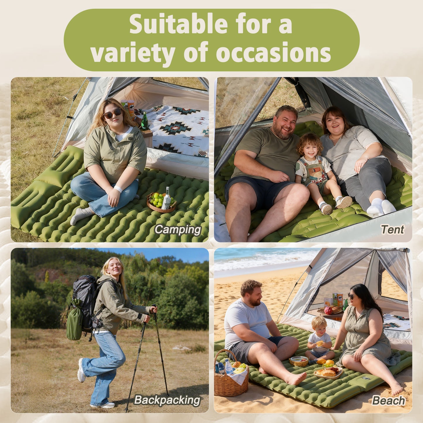 Rican Double Camping Sleeping Pad, Inflatable Double Sleeping Pad, Self Inflating 4" Sleeping Mat with Pillow Built-in Foot Pump, Portable Camping Mat for Backpacking, Hiking, Traveling, Tent