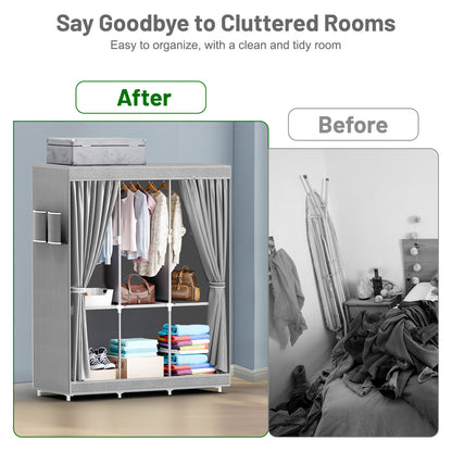 Portable Closet Organizer and Storage with 3 Hanging Rods for Hanging Clothes, 6 Wardrobe Closet Storage Shelves for Bedroom, Easy to Assemble, Grey