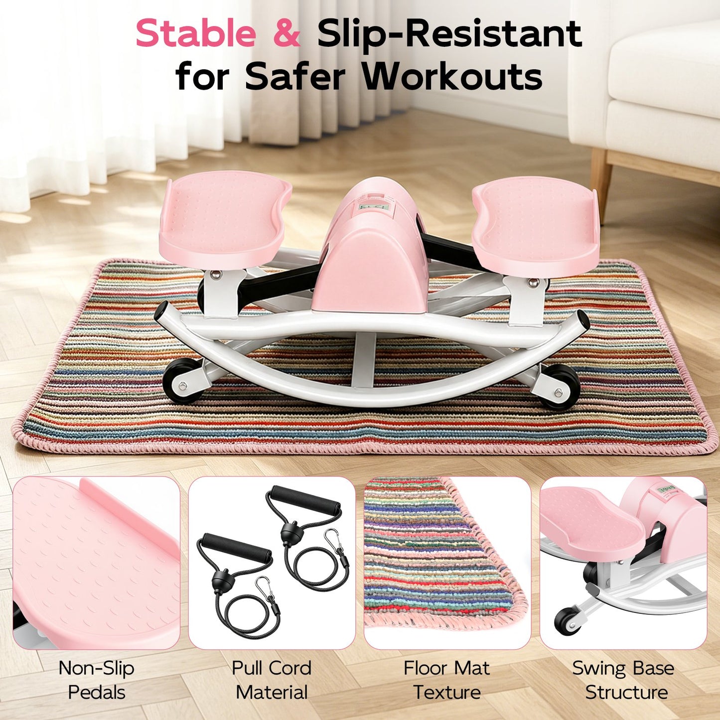 RICAN Smart Lateral Rocking Fitness Stepper, Low-Impact Portable Exercise Stepper with Digital Monitor, Resistance Bands & Floor Mat, Pink
