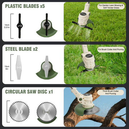 Electric Weed Eaters String Trimmer,21V Weed Trimmer Edger with 500W Powerful motor,Low Noise Weed Wackers & Lawn Edger,Wheels and 3 Types Blades Grass Trimmer for Lawn Garden Pruning Trimming