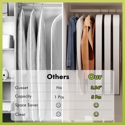 ALSO GO 60" Garment Bags with 4" Gussets, Multifunctional Garment Bags for Hanging Clothes,Waterproof Dress Bag and Suit Bag, Clear Travel Garment Bag for Clothes, Gowns, Coats, Suits, 5 Packs