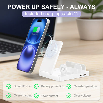 15W Fast Charging Station, 5 in 1 Wireless Charger Compatible with iPhone 15 14 13 12 11 8 Series, Charging Dock Compatible with AirPods 4 3 2 1, for iWatch, for iPad, White