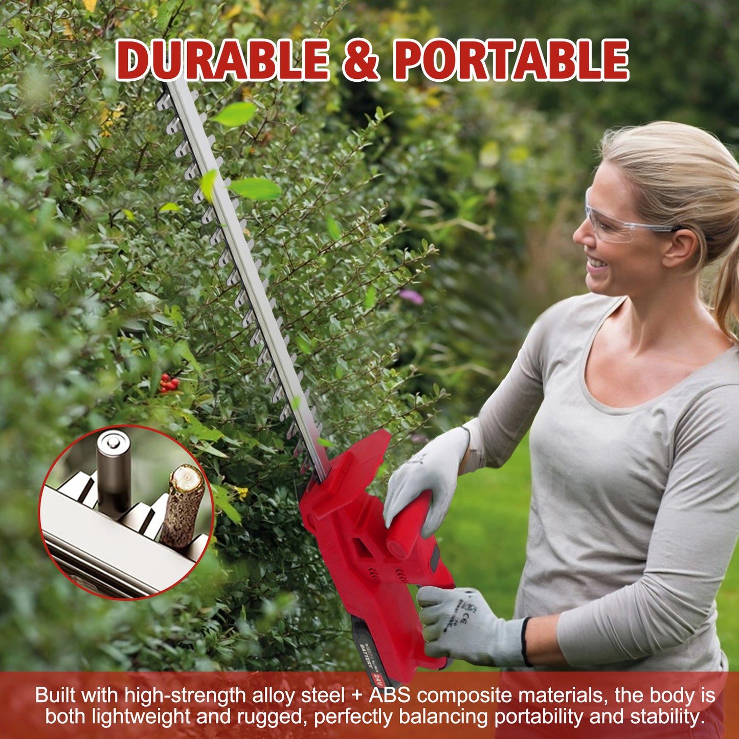 BAOKALER 20" Cordless Hedge Trimmer,24V Rechargeable Hedge Cutter with 20" Double Action Blade and 2PCS 2000MAH Batteries, Lightweight Grass Shrub Trimmer, Red