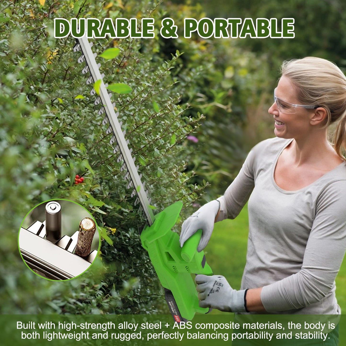 BAOKALER 20" Cordless Hedge Trimmer,24V Rechargeable Hedge Cutter with 20" Double Action Blade and 2PCS 2000MAH Batteries, Lightweight Grass Shrub Trimmer, Green