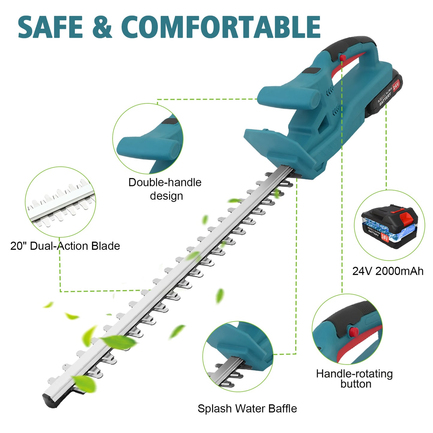 BAOKALER 20" Cordless Hedge Trimmer,24V Rechargeable Hedge Cutter with 20" Double Action Blade and 2PCS 2000MAH Batteries, Lightweight Grass Shrub Trimmer, Blue