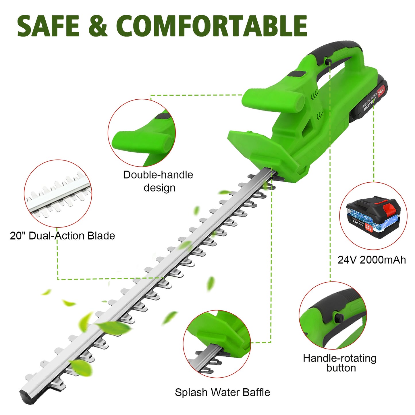 BAOKALER 20" Cordless Hedge Trimmer,24V Rechargeable Hedge Cutter with 20" Double Action Blade and 2PCS 2000MAH Batteries, Lightweight Grass Shrub Trimmer, Green