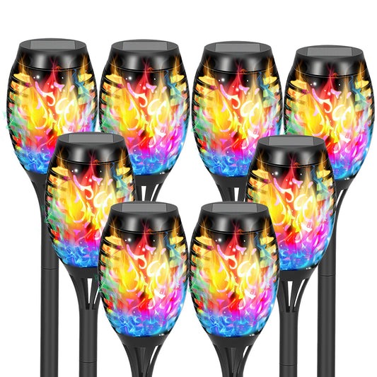 TopZoo Outdoor Solar Torch Lights, Flickering Flame Garden Stake Lights Solar Powered, Multi Colored Outdoor Decor, Waterproof Outside Yard Decor, Halloween Christmas Decor, 8 Packs