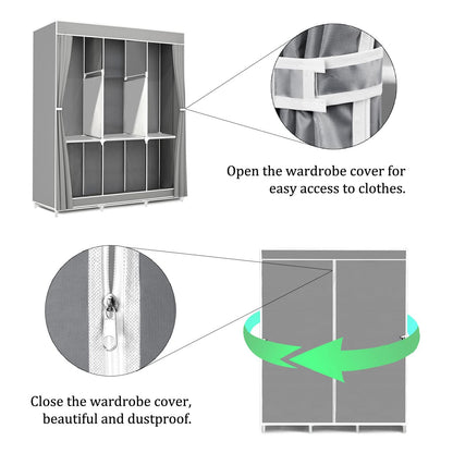 Portable Closet Organizer and Storage with 3 Hanging Rods for Hanging Clothes, 6 Wardrobe Closet Storage Shelves for Bedroom, Easy to Assemble, Grey