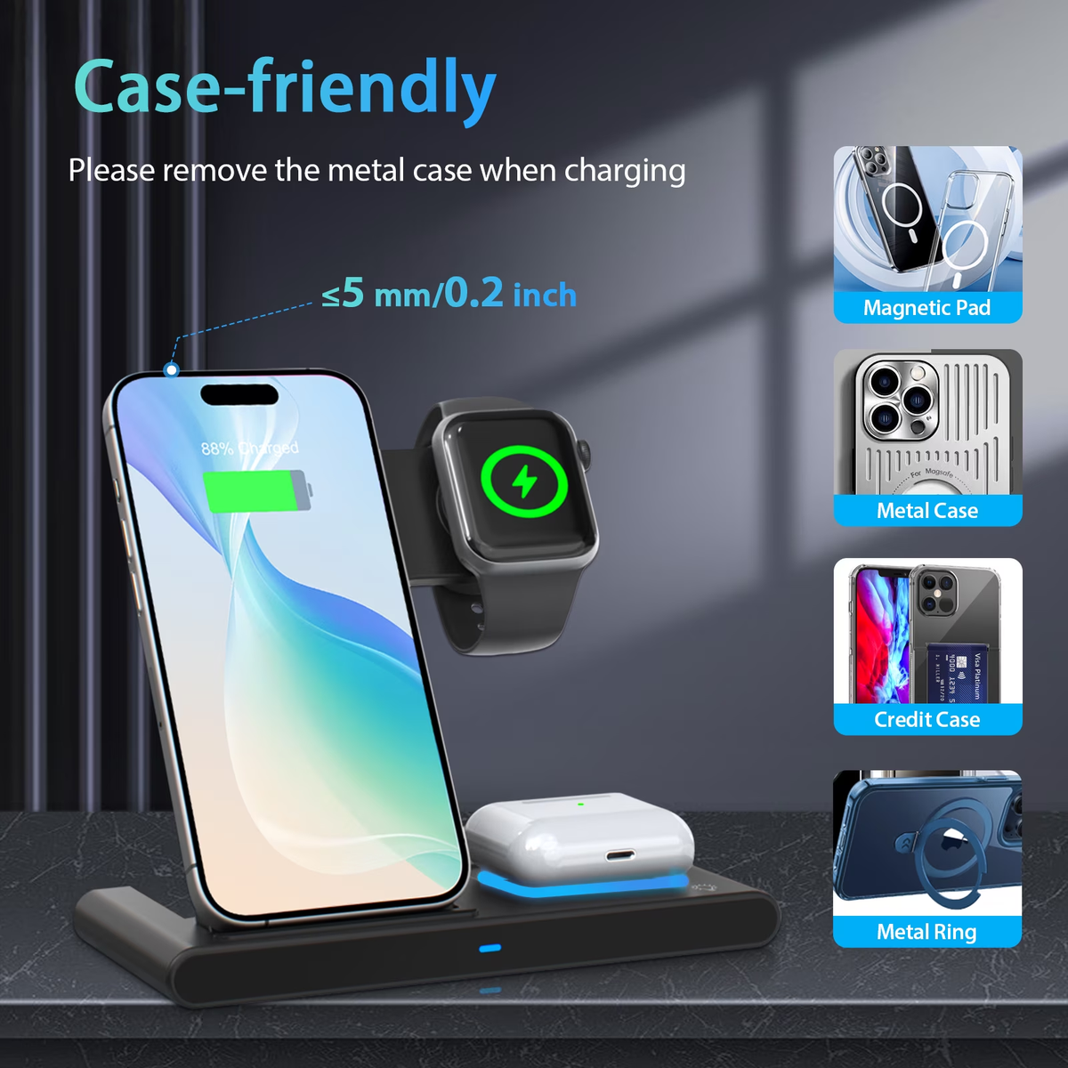 15W Fast Wireless Charger Station for iPhone 16 15 14 13 12 11 8 Pro Max SE XS XR X,3 in 1 Charging Stand for Apple Watch, for AirPods 4 3 2 Pro, Multi Device Charger(Black)