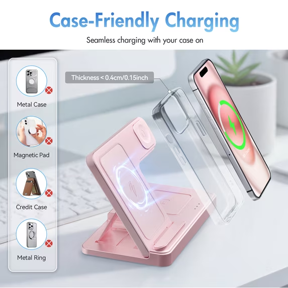 Wireless Charger, Charging station Compatible with iPhone 16 15 14 13 12 11 Pro Max Plus XS XR X 8, for iWatch 9 8 7 6 5 4 3 2 SE, for AirPods 3 2 Pro, 3 in 1 Charging Station, Pink, No Adapter