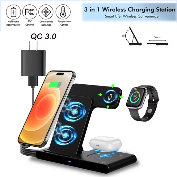 All in One Magnetic Charging Stand Compatible with iPhone 16 15 14 13 12 11 8 Pro Max SE XS XR X, Wireless Charger for Apple Watch, and for AirPods 4 3 2 Pro, 3 in 1 Fast Charger(Black)