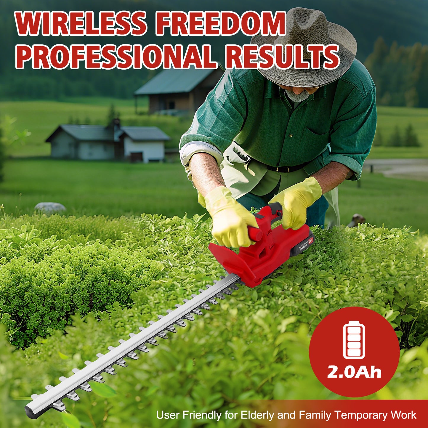 BAOKALER 20" Cordless Hedge Trimmer,24V Rechargeable Hedge Cutter with 20" Double Action Blade and 2PCS 2000MAH Batteries, Lightweight Grass Shrub Trimmer, Red