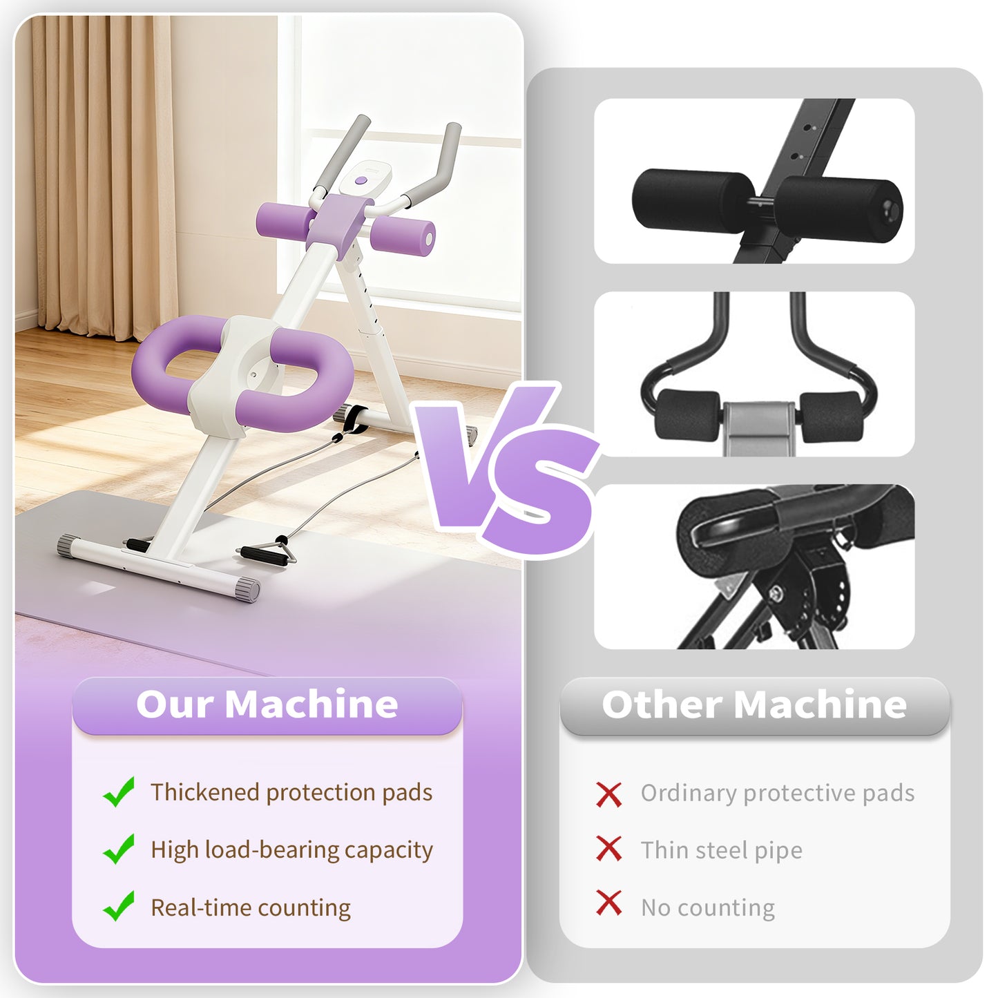 ALSO GO Ab Machine, Adjustable Ab Trainer Machine, Abdominal Workout Equipment with LED Display, 300 lb Foldable Abdominal Core Equipment with Resistance Bands, Purple