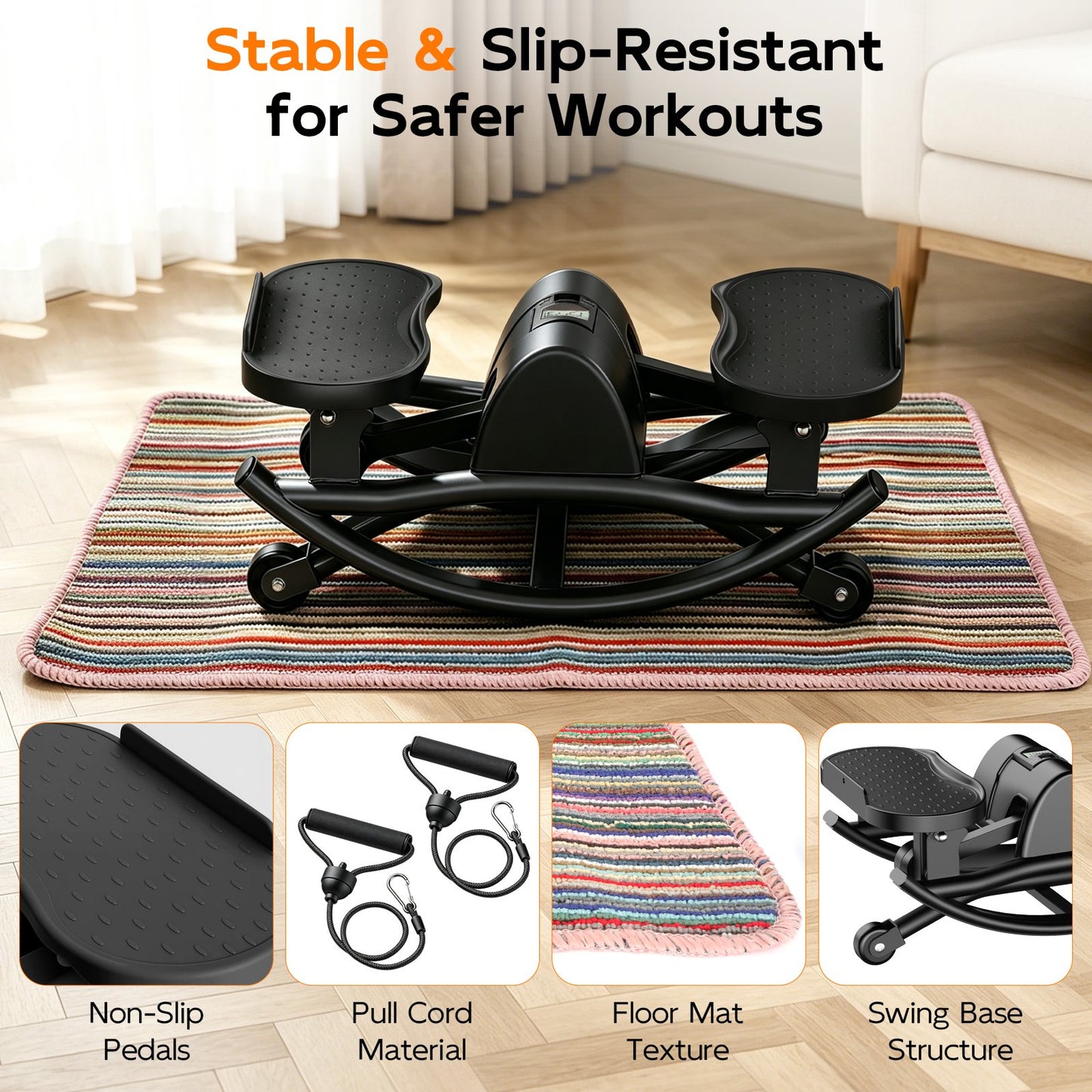 RICAN Smart Lateral Rocking Fitness Stepper, Low-Impact Portable Exercise Stepper with Digital Monitor, Resistance Bands & Floor Mat, Black