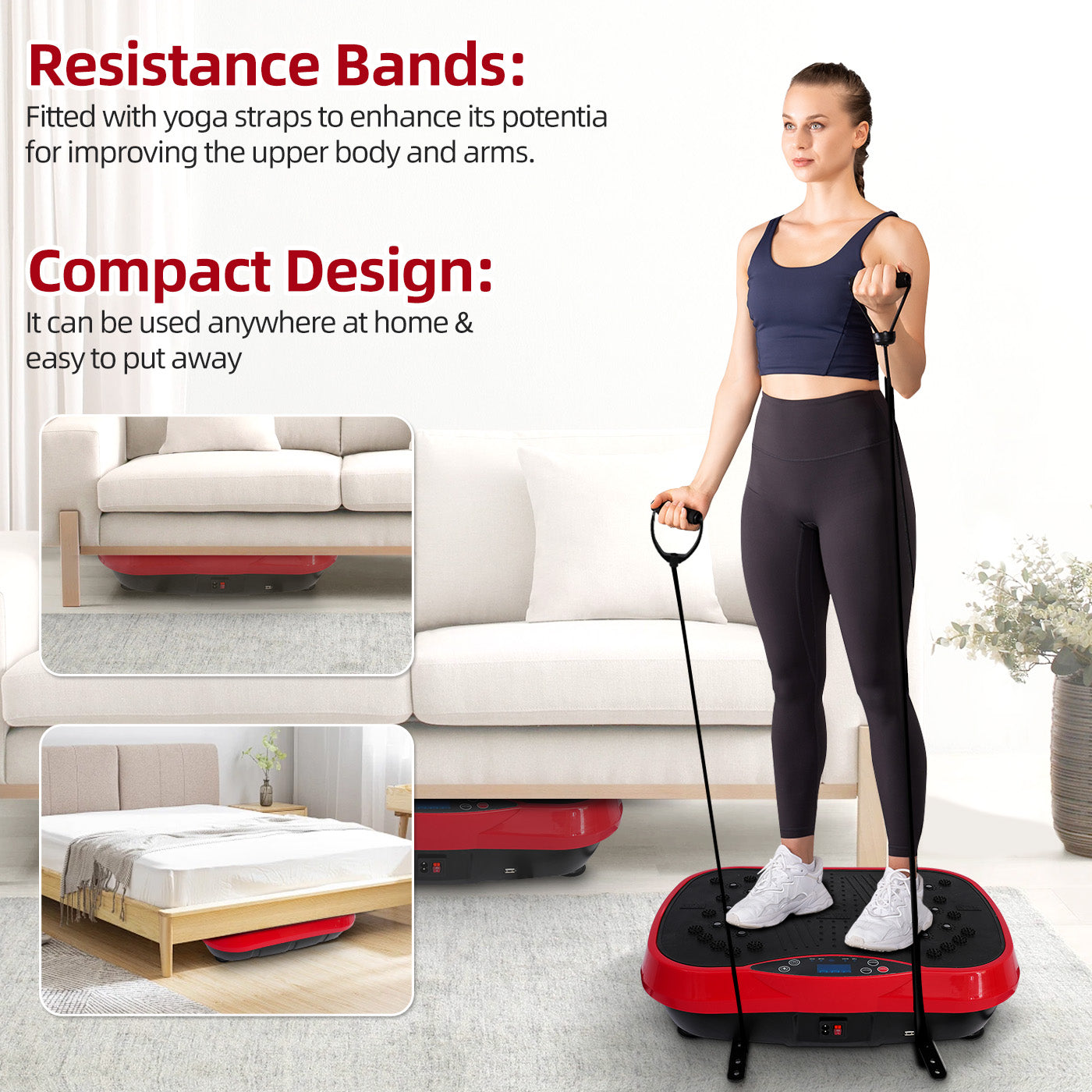 RICAN Vibration Plate Exercise Machine, Vibrating Lymphatic Drainage Shaking Board, Full Body Workout Platform with Loop Bands & Remote Control for Weight Loss Fat Burner, Red