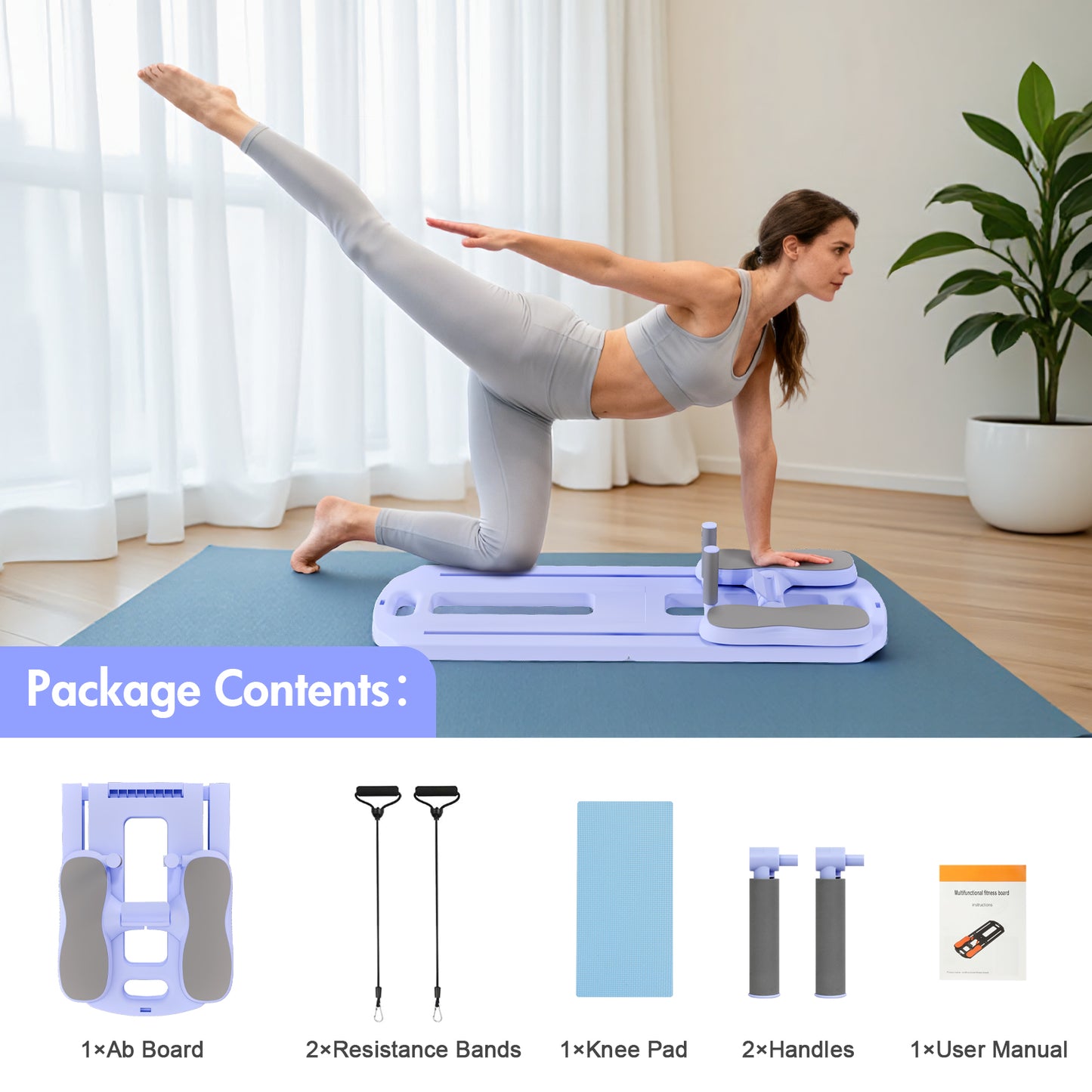 Rican Pilates Board, Foldable Ab Board, Multifunctional Abdominal Board for Home, 300 lbs Abs Workout Equipment with Knee Pad, Portable Pilates Reformer for Full Body Workout, Purple