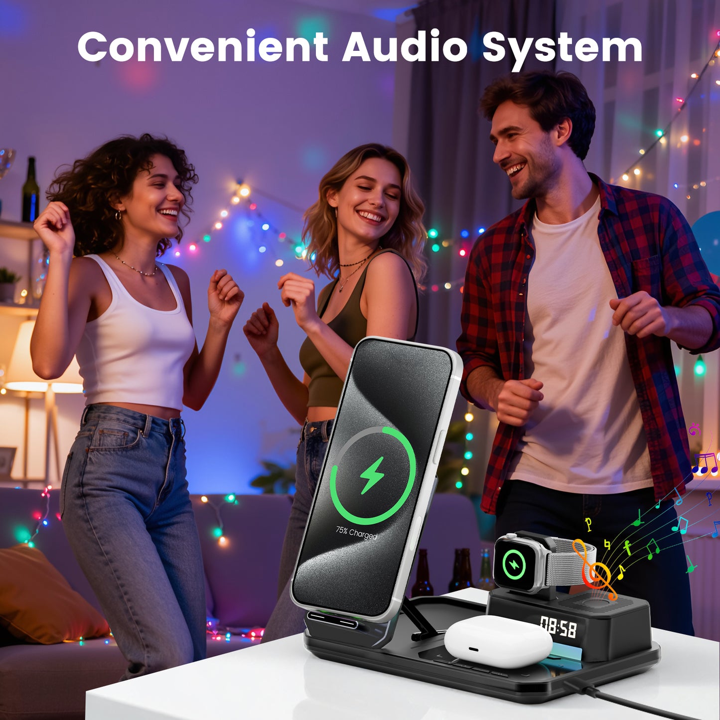 Wireless Charger for iPhone 17 16 15 14 13 12, 6 in 1 Charging Station for iWatch Series£¬for AirPods 4 3 2, with Clock, Bluetooth, Ambient Light