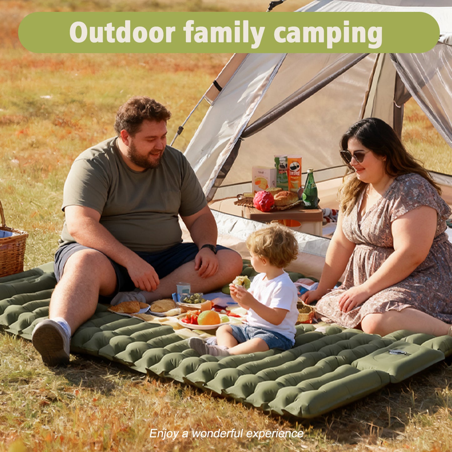 Rican Double Camping Sleeping Pad, Inflatable Double Sleeping Pad, Self Inflating 4" Sleeping Mat with Pillow Built-in Foot Pump, Portable Camping Mat for Backpacking, Hiking, Traveling, Tent