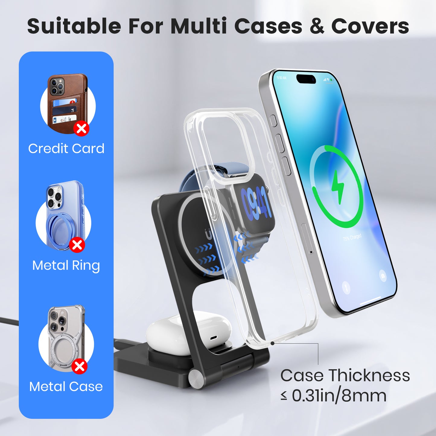 Charging Station, Magnetic Wireless Charger for iPhone 17 16 15 14 13 12, for iWatch, for AirPods 4 3 2, 3 in 1 Charging Pad with Foldable Design, Black