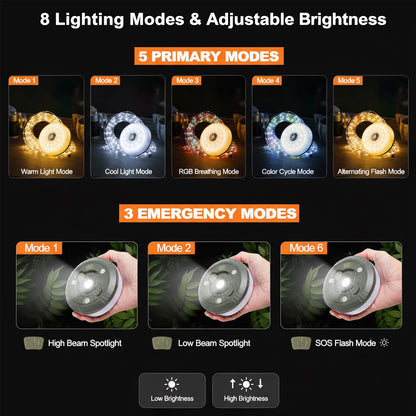 BAOKALER 2 Pack Camping String Lights Retractable, 32.8ft Outdoor Camping Lanterns with 5 Lighting Modes, 2000MAH Camping Lights Rechargeable, USB, Waterproof